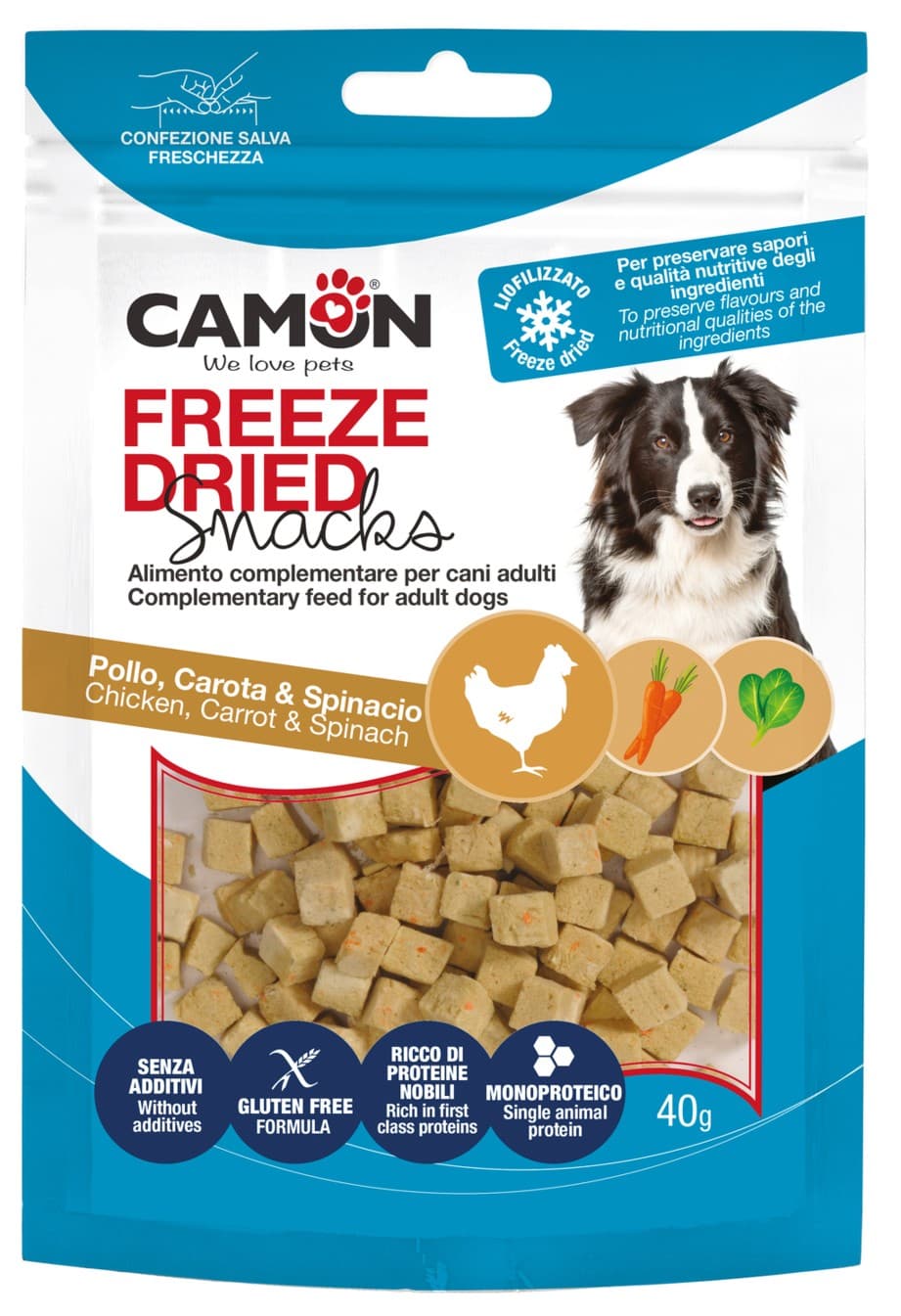 Dadini di pollo liofilizzati con carote e spinaci