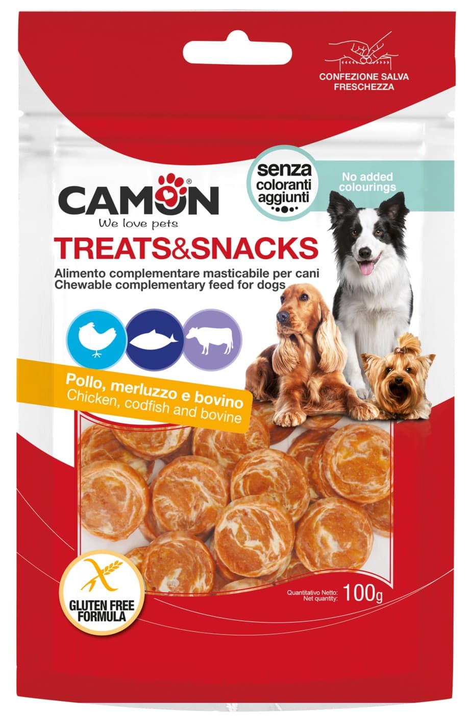 Monetine di pollo, merluzzo e pelle bovina